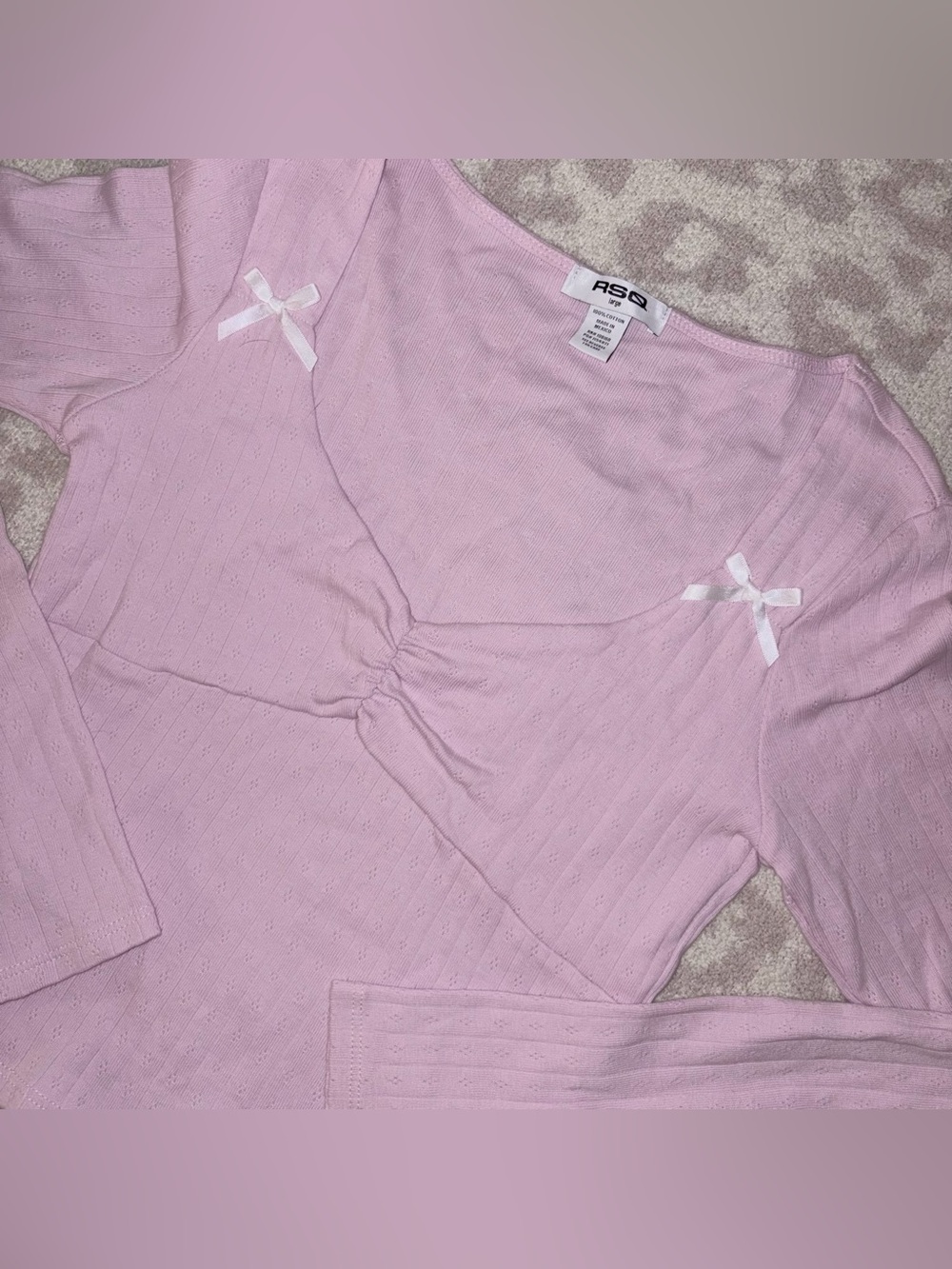 RSQ Pink Pointelle Bow Long Sleeve Baby Tee  100% Cotton | Size Large | Coquette